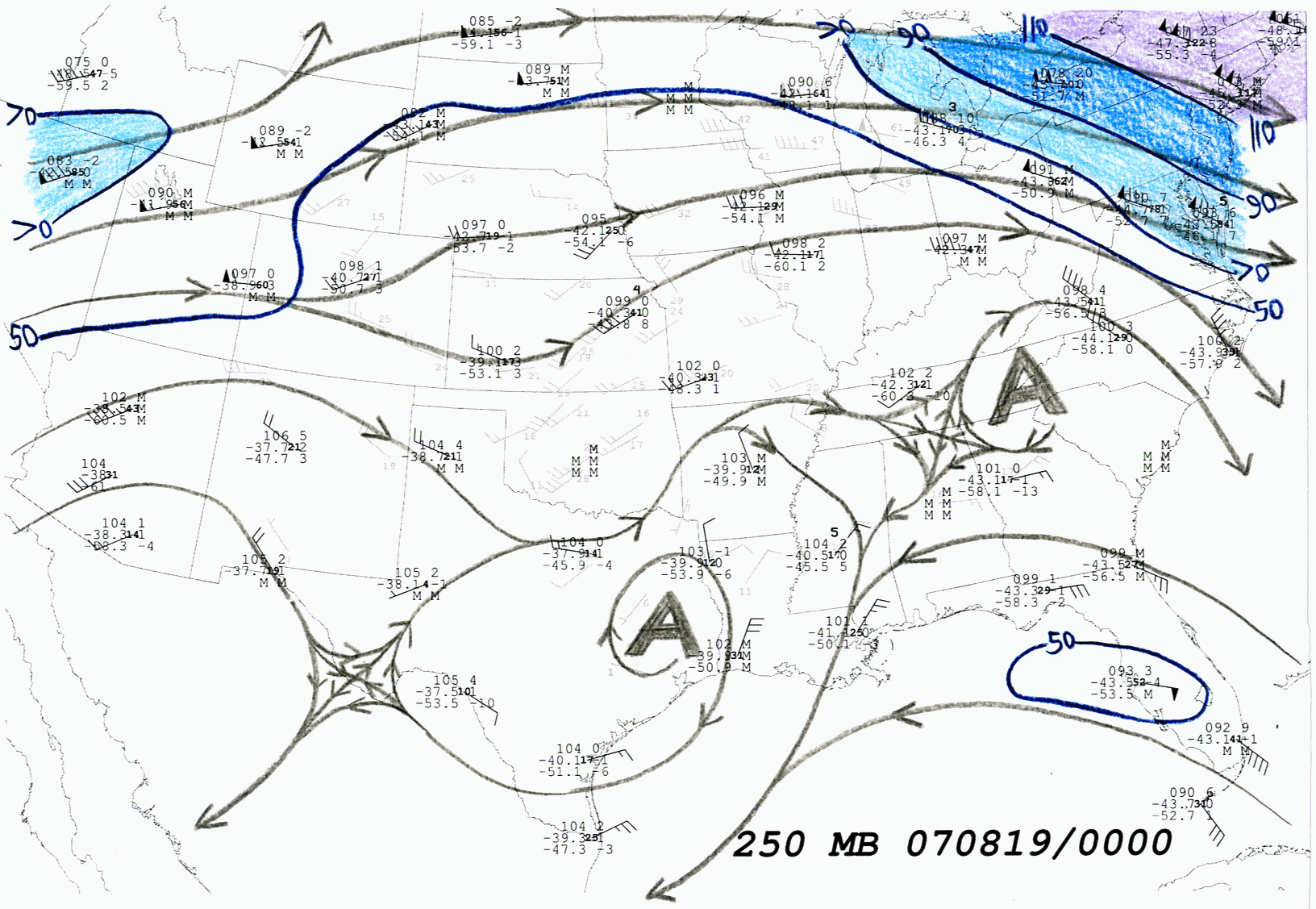 250 hPa Hand Analysis 00 UTC 19 Aug 2007