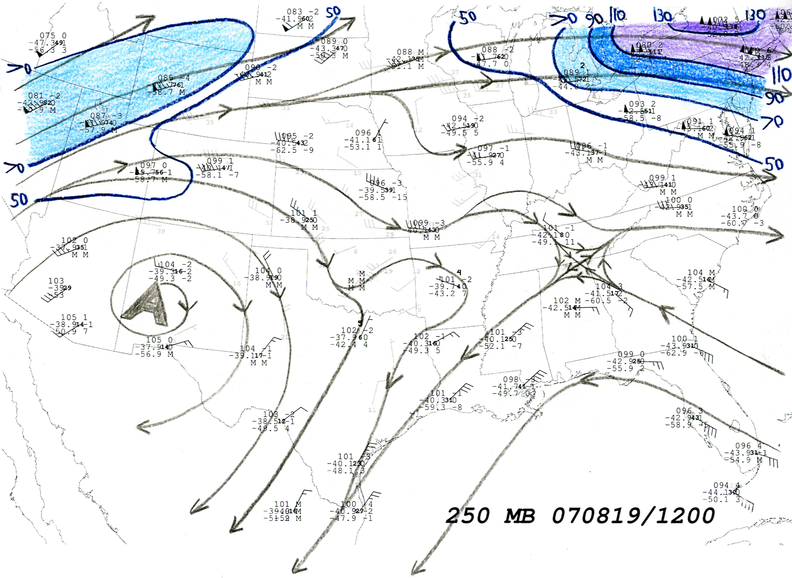 250 hPa Hand Analysis 12 UTC 19 Aug 2007