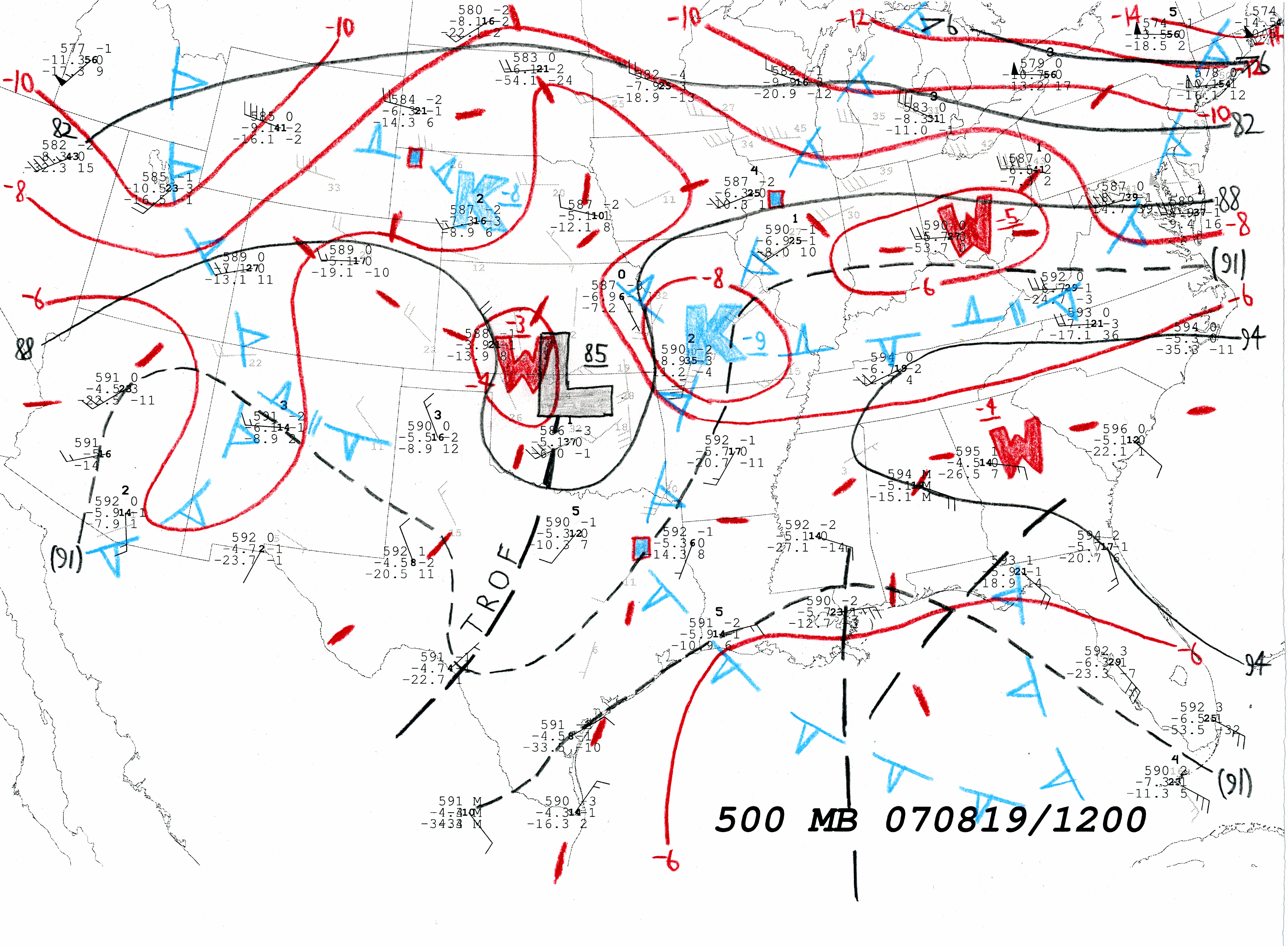 500 hPa Hand Analysis 12 UTC 19 Aug 2007