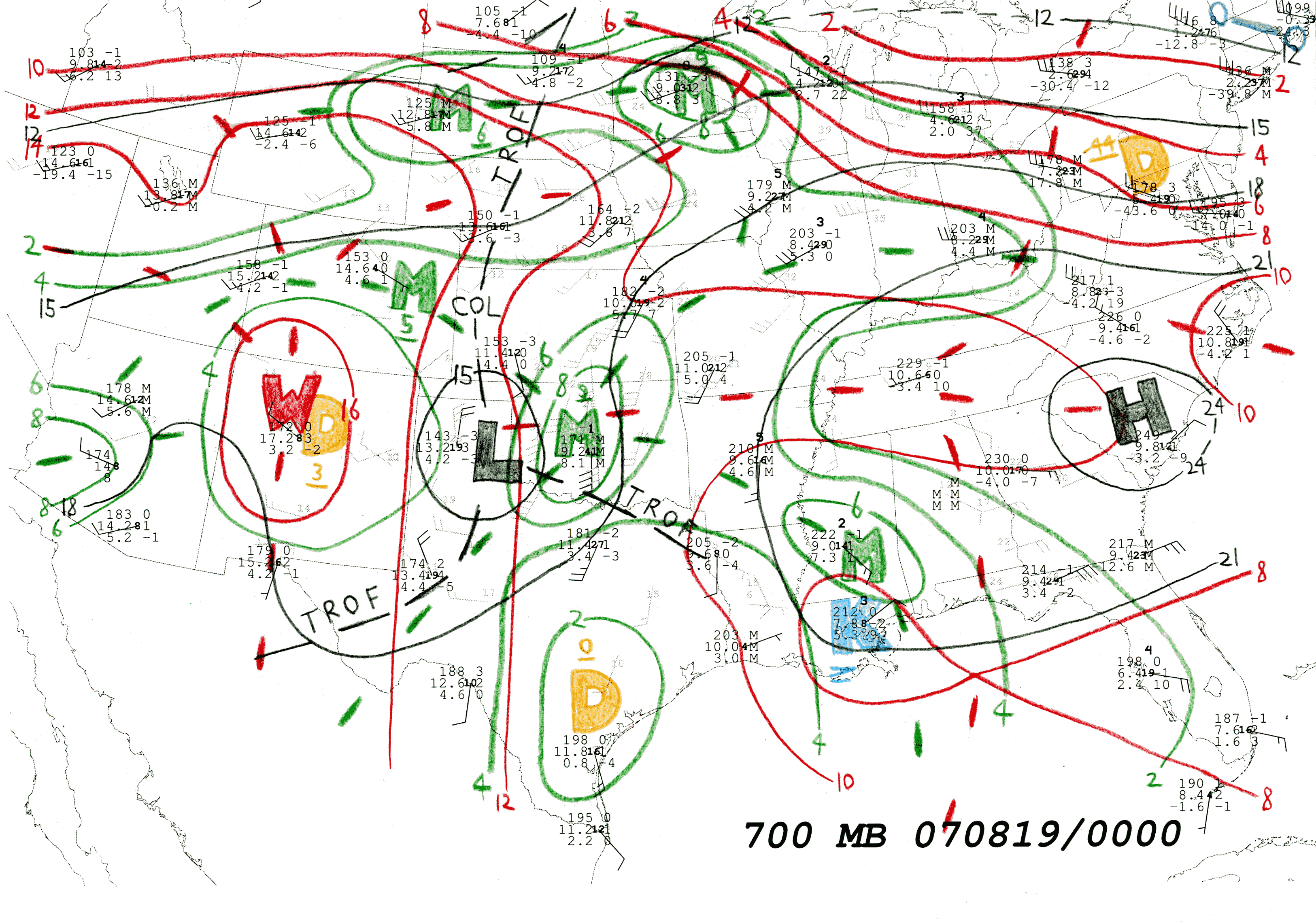 700 hPa Hand Analysis 00 UTC 19 Aug 2007
