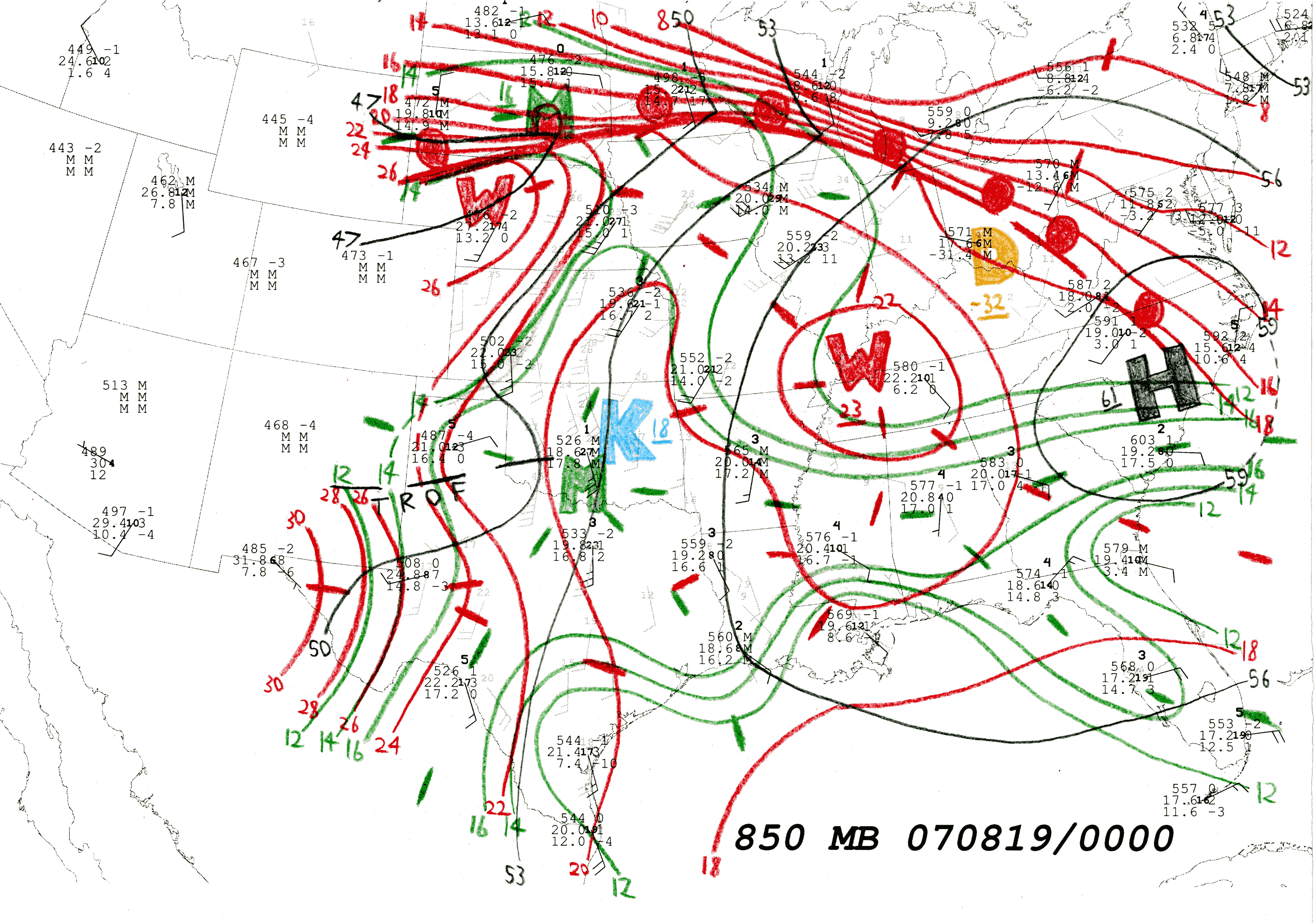 850 hPa Hand Analysis 00 UTC 19 Aug 2007