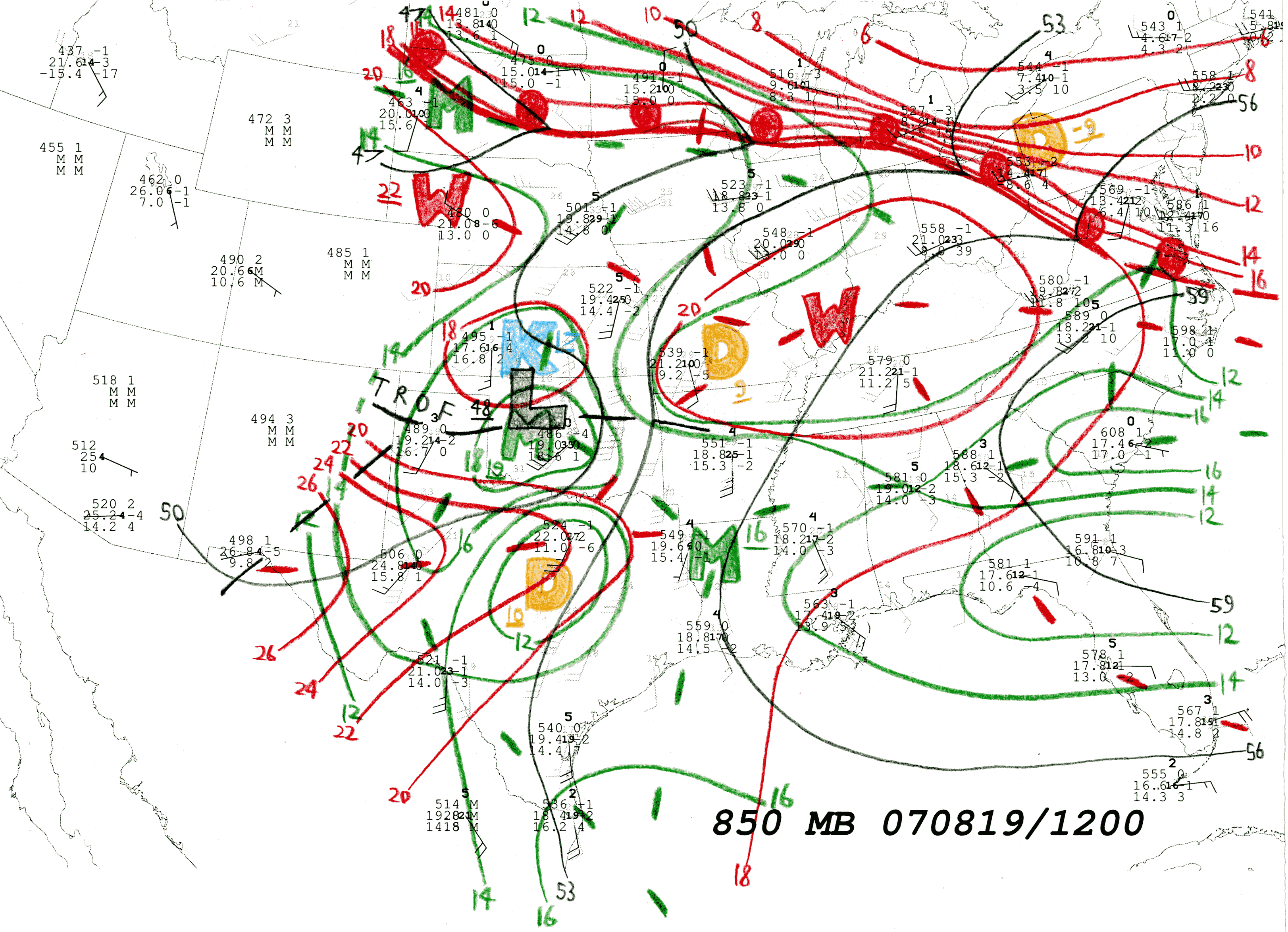 850 hPa Hand Analysis 12 UTC 19 Aug 2007